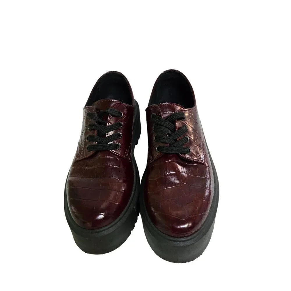Asos Burgundy Chunky Lace Up Croc Embossed Oxford Dark Academia Shoes Size 7